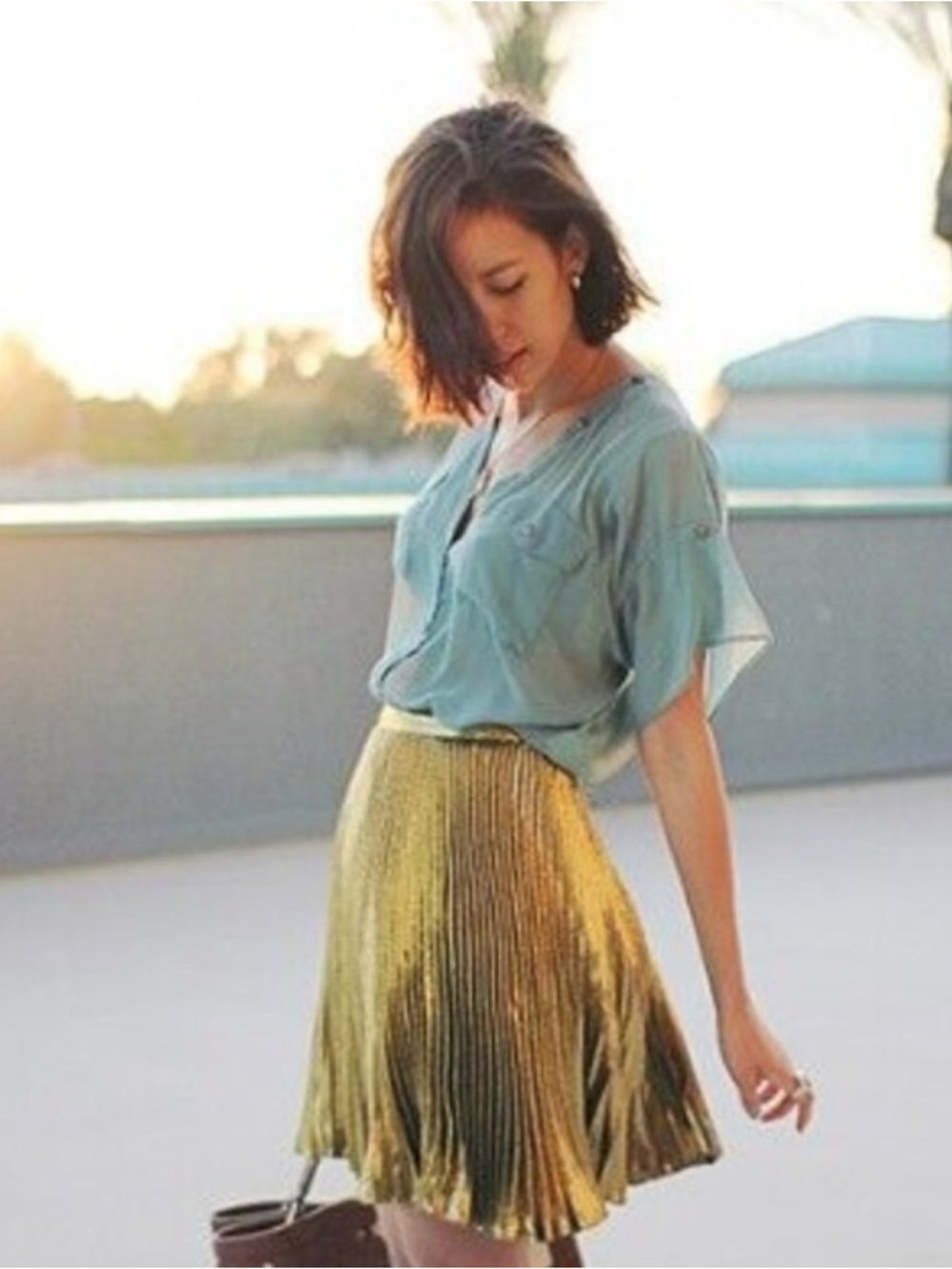 Elie Tahari Francesca Metallic Gold Pleated Silk Skirt, size 0